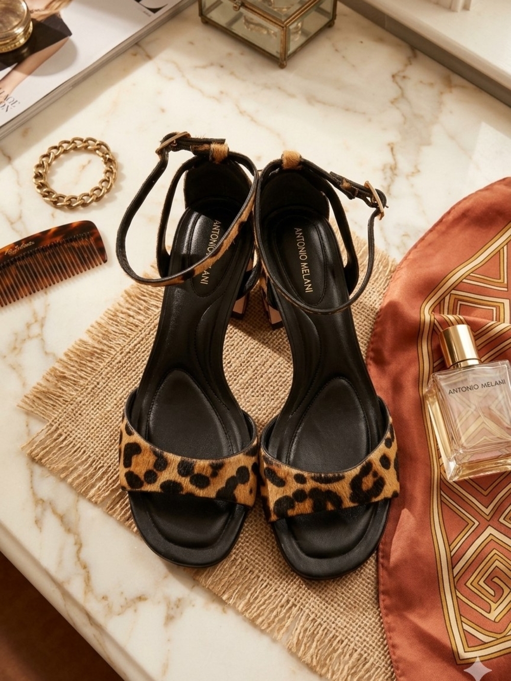 Antonio Melani Alice Leopard Print Calf Hair Block Heel Sandals Size 6.5
